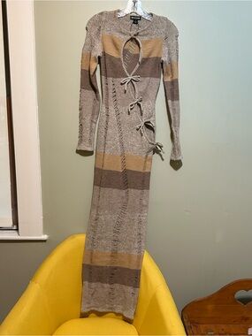 PrettyLittleThing Tie-Front Striped Knit Maxi Dress - Neutral Tones
